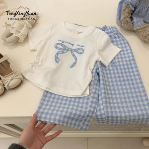 Girls Summer Set Short Sleeve T Shirt Plaid Wide Leg Pants Two Piece Breathable Casual Outfit For Kids - Product Image 1