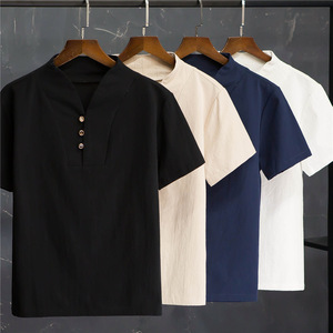 <span class=keywords><strong>2022</strong></span> t-shirt da uomo in lino estivo a maniche corte da uomo in cotone Vintage t-shirt Plus Size + Set di pantaloni corti - Product Image 3