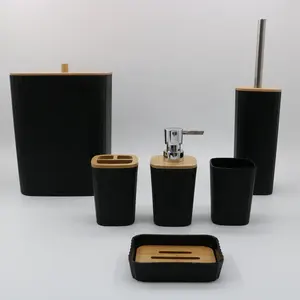 Classical Vertical Stripe Plastic Bathroom Accessories Set Home Decor Bathroom Sets With Nature Bamboo Lid For Bathroom