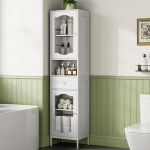 66.4 <strong>Tall</strong> Cloud White <strong>Bathroom</strong> Cabinet with Glass Doors Adjustable Shelves Anti Tipping Linen <strong>Storage</strong> - Product Image 1
