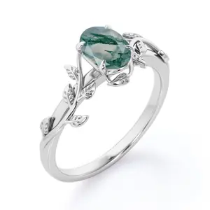 Đồ Trang Sức Thời Trang Quà Tặng Phụ Nữ Người Đàn Ông Moss Agate Nhẫn 925 Sterling Bạc Lá Moss Agate Nhẫn