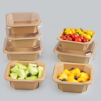 Boîte en papier kraft jetable avec impression de logo personnalisé boîte à salade récipient alimentaire carré avec couvercle en PET pour repas de restauration rapide collation fitness