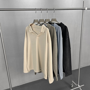 Maglietta <span class=keywords><strong>Polo</strong></span> Vintage da <span class=keywords><strong>Uomo</strong></span> Autunno Inverno, Stile Streetwear, in Cotone Spazzolato e Lavato, <span class=keywords><strong>Manica</strong></span> <span class=keywords><strong>Lunga</strong></span>, Strato Base - Product Image 2