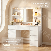 Coiffeuse Hzuaneri en panneau MDF avec 9 tiroirs, éclairage LED, grand miroir HD, ampoules rétro chaudes, fixation murale pour chambre à coucher