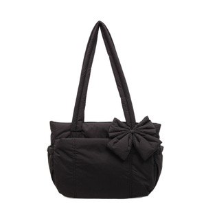 Borsa tote da donna in cotone con fiocco - Stile giapponese e coreano, grande capacità, leggera, morbida, tinta unita, casual, per uso quotidiano - Product Image 5