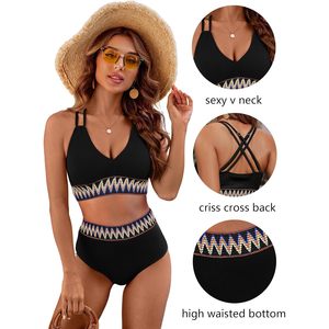 Conjunto de bikini acanalado de cintura alta para mujer, traje de baño de dos piezas con cuello en V y efecto push-up - Product Image 4