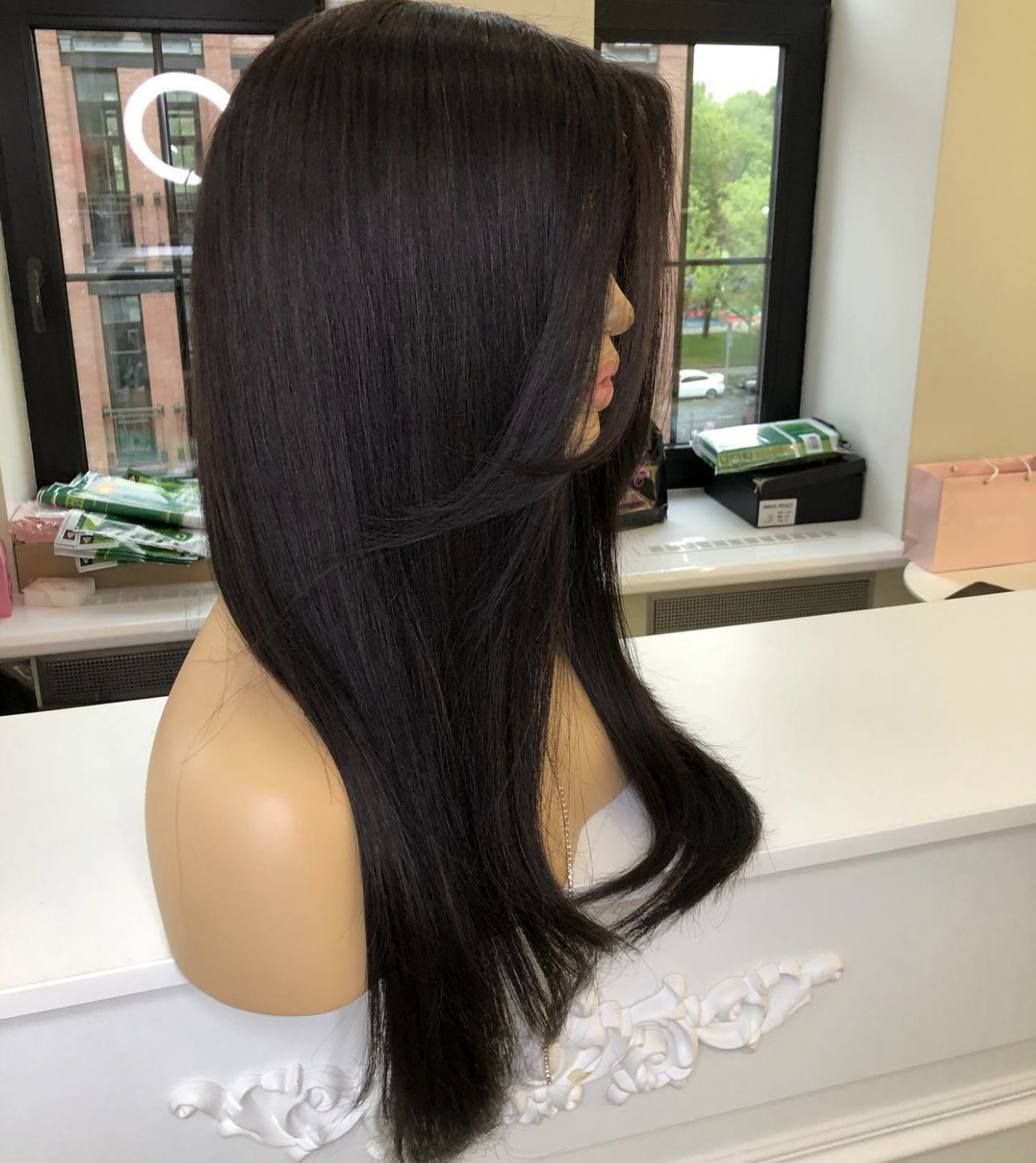 Long Ponytail Wig off black Swisslace 2020 Ready to Ship Off Black High Ponytail Straight Virgin Full  main image 3