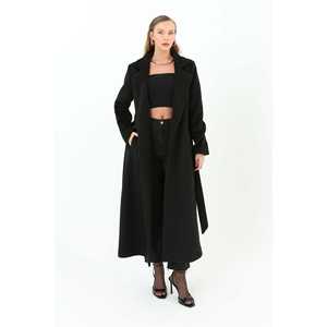 เสื้อโค้ทผู้หญิงแบบมินิมอล กระดุมสองแถว มีเข็มขัด สีดำ ทอผ้า แขนยาว สำหรับฤดูหนาว ให้ความอบอุ่น - Product Image 2