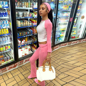 カスタム2ピースセット女性Y2K服カラーブロック長袖トップスとフレアパンツ女性ツーピースラウンジウェアセット - Product Image 6