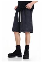 Celana Pendek Tiga Perempat Gaya Amerika 240g Retro Washed-and-distressed Batik Tali Serut Solid Oversized Trendy Kasual