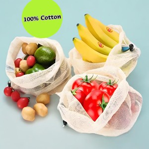 Bolsas de red de algodón lavables reutilizables, bolsas de malla de algodón para comestibles para almacenamiento de frutas y verduras - Product Image 3
