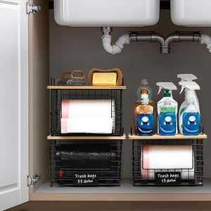 2 Pack <b>Storage</b> Stackable <b>Kitchen</b> Organizers with Bamboo Top Wall Mount Large Trash Bag Holder and Standard Garbage Bag Dispenser - Product Image 2