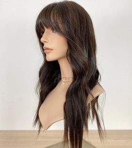 Perruque avec <span class=keywords><strong>frange</strong></span> pour femmes, <span class=keywords><strong>cheveux</strong></span> humains européens vierges, couleur marron foncé, dentelle frontale en soie HD naturelle, faux cuir chevelu, vente en gros - Product Image 3