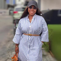 Nouvelle Robe Cardigan Rayée Décontractée Africaine Grande Taille pour Femme à Manches Trois-Quarts et Col Chemise – Tendance