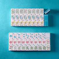 Koleksi Garden Party Set Mahjong Amerika Berukir 2 Sisi Ubin Mahjong Biru Muda dengan Pola Kupu-Kupu dan Lebah