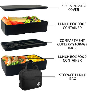 Double Layer Black Plastic <b>Lunch</b> <b>Box</b> With Utensils Portable Bento <b>Box</b> For Outdoor Use - Product Image 4