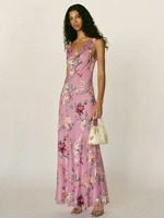Robe longue décontractée pour femme en mousseline rose à bretelles fines, imprimé floral, col en V, lavable, pour soirée et tenue élégante d'été