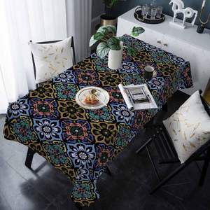 Boho Blue Flowers <b>Square</b> <b>Tablecloth</b> 100% Polyester Damask Ethnic Original Tribal Style Home Decor Original Stock - Product Image 4