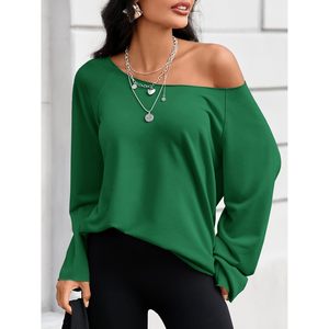 Hauts pour femmes à épaules dénudées, pull oversize à manches longues, chemisier en tricot respirant vert, grande taille - Product Image 2