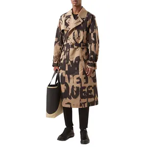 Custom Brown 100% polyester double breasted and detachable belt graffiti print faille trench winter overcoat for men