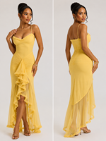 Vestido Maxi de Malla Amarillo Pálido con Volantes, Cuello en V, Tirantes Finos, Ajustado, Fruncido y Abertura Alta - ¡Nueva Llegada, Gran Venta en EE. UU. y Australia!