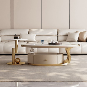 <span class=keywords><strong>Set</strong></span> di <span class=keywords><strong>Tavolini</strong></span> Moderni Ovali in Pietra con Base Astratta in Acciaio Inox Grigio, Piano Beige e Cassetto - Product Image 5