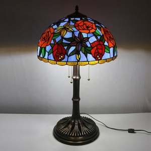 LongHuiJing 16Inch Tiffany Style <b>Rose</b> Stained Glass Lampshade Table Lamps Antique Bronze 3-<b>light</b> With Brown Copper Base - Product Image 2