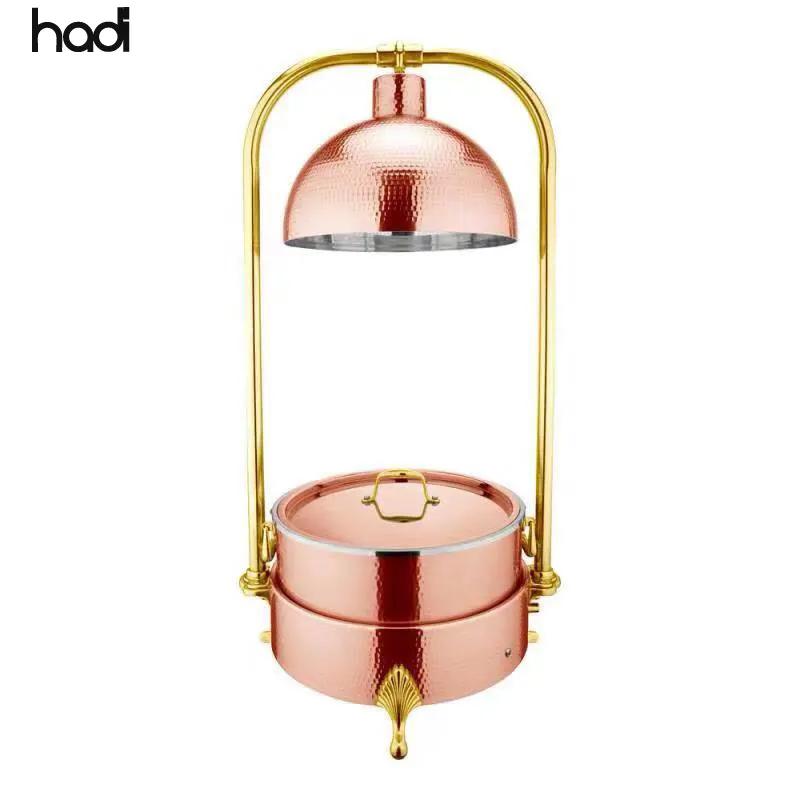 インドのローズゴールド銅ドームフードウォーマー真ちゅう製ハンギングリッド付き高級ハンマー電気ヒーター5つ星ホテル摩擦皿