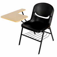 Chaise d'étude robuste pour étudiant avec assise rembourrée en plastique, structure métallique, tablette d'écriture et tiroir en filet