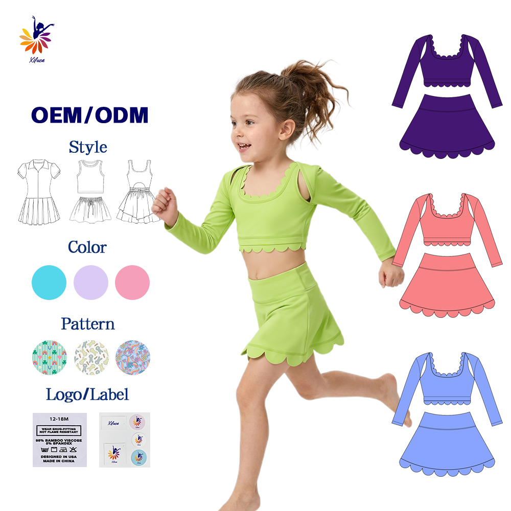 Girls Multi Occasion Yoga Set Wholesale Yoga Set Long Sleeve Top Scallop Skirt Built-In Shorts High Elasticity Custom Pattern