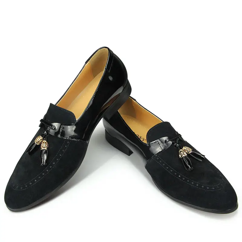 Handmade Designer Shoe Men Loafer Casual Genuine Tassel Cow Suede Patchwork Patent Leather Black Breathable Office Wedding