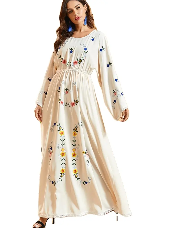 Льготные цены вышивка кружева мусульманские женские халаты с длинным рукавом платья осень 2021
