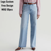 Jean OEM pour femme, taille ultra haute, coupe large, respirant, brodé, à franges, lavable, bleu clair délavé, 100% coton, denim rigide, B2B
