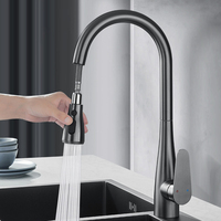 Robinet de cuisine moderne en laiton brossé gris anthracite avec douchette extractible, double mode de pulvérisation, rotation à 360 degrés, levier unique