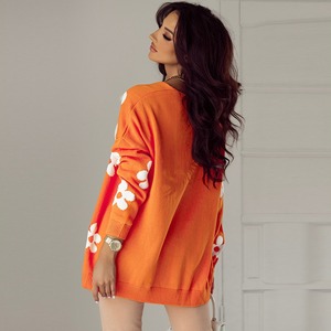High Quality Customized <strong>Orange</strong> Floral Print Knitted Open Front Loose <strong>Cardigan</strong> for <strong>Women</strong> Casual Long Style for Winter - Product Image 4