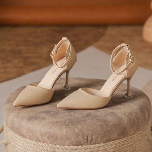 Zapatos de Tacón Alto con Punta en Pico y Correa en el Tobillo, Forro de Cuero, Color Sólido, Tendencia de Moda para Mujer - Product Image 1