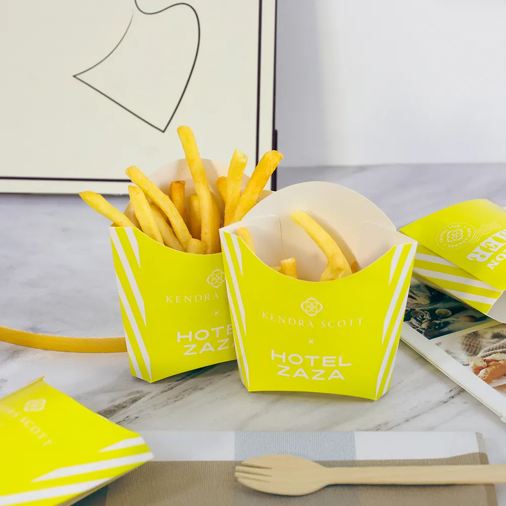 Embalagem de alimentos descartáveis com design personalizado para levar batatas fritas, recipiente de embalagem para lancheira