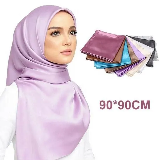 Wholesale Plain 90*90cm Square Scarf Wrap Large Satin Silk Muslim Hijab Head Scarves Women Gifts