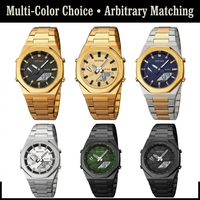 Jam Tangan Analog Digital Pria dengan Bezel Oktagonal, Tali Logam Terintegrasi, Multifungsi, Tampilan Hari