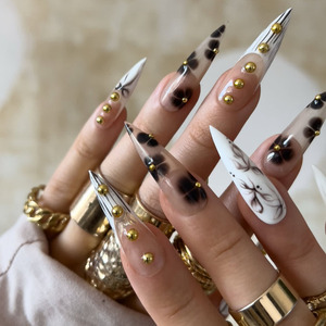 <span class=keywords><strong>Uñas</strong></span> <span class=keywords><strong>Postizas</strong></span> Pre-diseñadas con Estampado de Leopardo y Almendras, Estilo Francés con Flores Pintadas, 24 Piezas, Europa América - Product Image 3