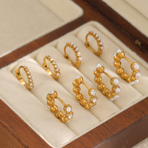 Gold Pearl Stainless Steel <b>Cuff</b> <b>Earrings</b> For Women Circular Ring Design Everyday Wear Bezel Setting TE60657-WT - Product Image 2