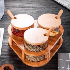 Juego de <span class=keywords><strong>3</strong></span> Recipientes Triangulares para Condimentos con Tapa de Bambú, Soporte para Cucharas y Especieros para Cocina, Personalización de Fábrica - Product Image 2