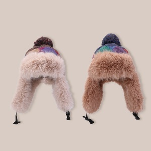 Hombres Mujeres Plaid Knitted Pilot Hat Winter Faux Fur Hunter's Cap Outdoor Warm Thick Earprotector Headgear Venta al por mayor - Product Image 2