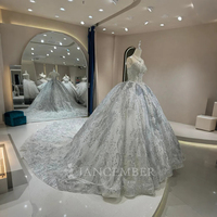 Robe de mariée moderne pour femme Jancember DW0121, bleu scintillant, manches courtes, longue traîne bouffante, dentelle et cristaux
