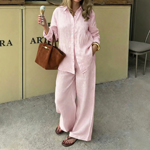 <b>Linen</b> Two-Piece <b>Set</b> Collared Long Sleeve Shirt And Straight Leg Wide Leg Pants Navy Blue Casual Urban Commute Suit Smlxl2xl3xl - Product Image 3