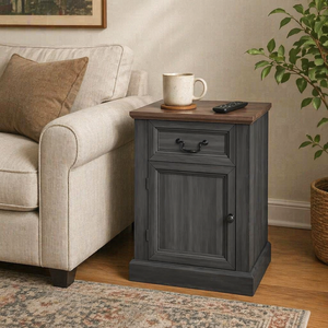 1 Drawer 1 <strong>Door</strong> Nightstand Wood Top Compact Freestanding Bedside Table Double-section Drawer Slides Anti-Tip Safety Hook Black - Product Image 4