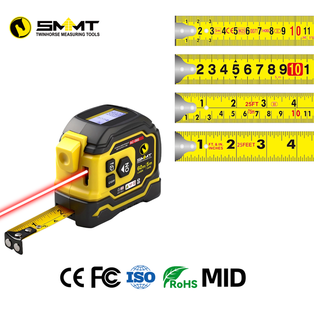 SMMT AC-66 2-in-1 Digital Laser Tape Measure Laser Distance Meter 60m/196Ft Range 2mm Accuracy Auto-Lock LCD Display
