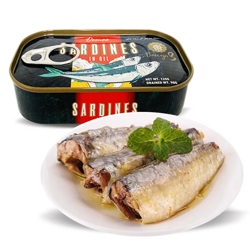 Marque Domee Sardine en conserve 125g dans l'huile végétale couvercle à ouverture facile avec boîtes d'impression prix d'usine