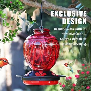 Alimentatore per Nettare di Colibrì in Vetro da 24 Oz da Appendere per Esterni con Posatoio, 5 Porte di Alimentazione a Fiore, Base Antigoccia e Gancio - Product Image 3