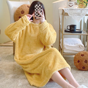 Vendita calda camicia <span class=keywords><strong>da</strong></span> <span class=keywords><strong>notte</strong></span> <span class=keywords><strong>da</strong></span> donna in flanella per l'autunno inverno tinta unita ampia a maniche lunghe abbigliamento termico per la casa - Product Image 5